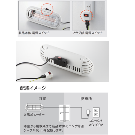 お風呂ヒーター　Chrester　浴室使用対応　防水仕様　IPx5 速暖　電源スイッチ　配線イメージ