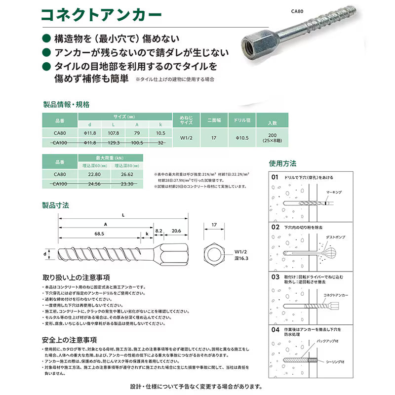 コネクトアンカー　CA80　あと施工タイプ　壁つなぎ用ねじアンカー　コンクリート用