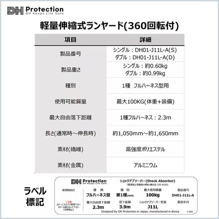 アルミ蛇腹ランヤード100kg 一種フルハーネス　使用可能荷重100kg