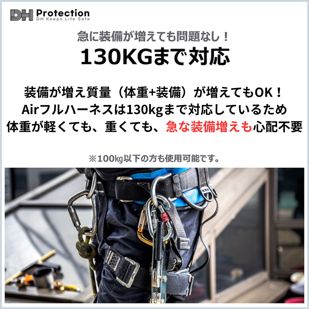Air水平フルハーネスの対応重量（130kg対応）が記載された仕様説明画像
