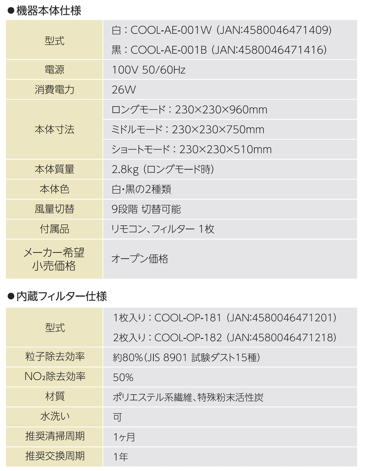空気清浄機　脱臭　マルチエアースリムサーキュレーター　本体仕様